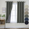 Charcoal gray textured linen blackout curtains with thermal lining and grommet tops, showcasing color options.