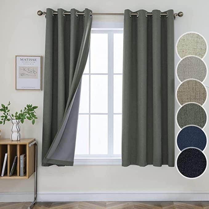 Charcoal gray textured linen blackout curtains with thermal lining and grommet tops, showcasing color options.