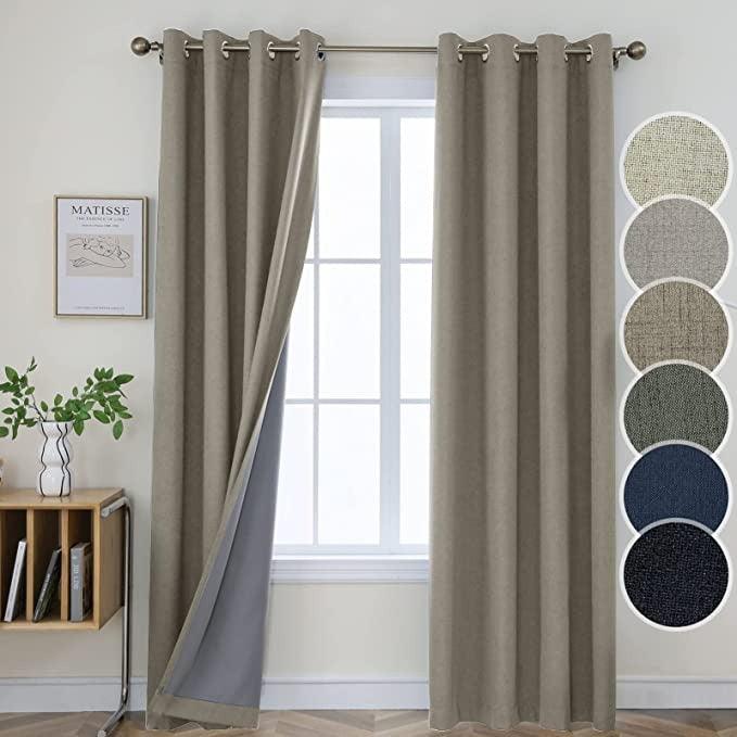 Joydeco 100% Blackout Linen Curtains Thermal Insulated Burlap Curtain & Drapes 2 Panels