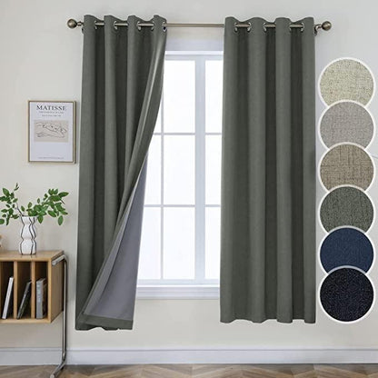 Charcoal gray linen blackout curtains with thermal lining and grommets, color swatches shown.