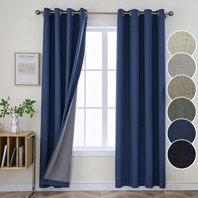 Joydeco 100% Blackout Linen Curtains Thermal Insulated Burlap Curtain & Drapes 2 Panels