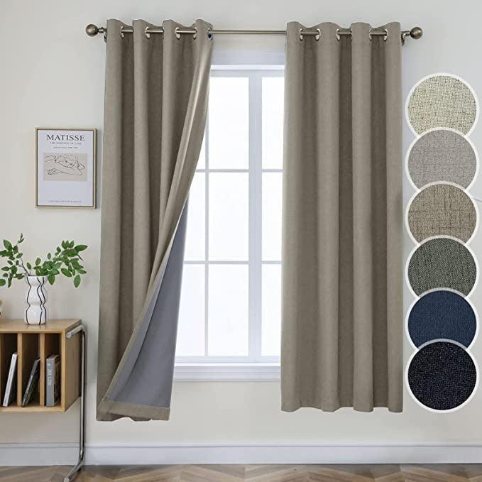 Joydeco 100% Blackout Linen Curtains Thermal Insulated Burlap Curtain & Drapes 2 Panels