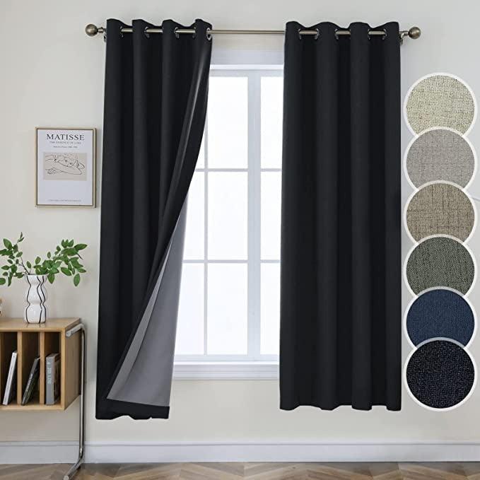Joydeco 100% Blackout Linen Curtains Thermal Insulated Burlap Curtain & Drapes 2 Panels