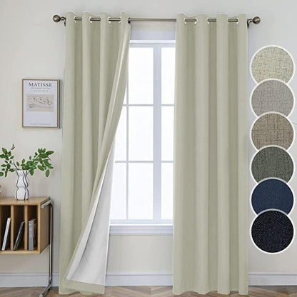 Joydeco 100% Blackout Linen Curtains Thermal Insulated Burlap Curtain & Drapes 2 Panels