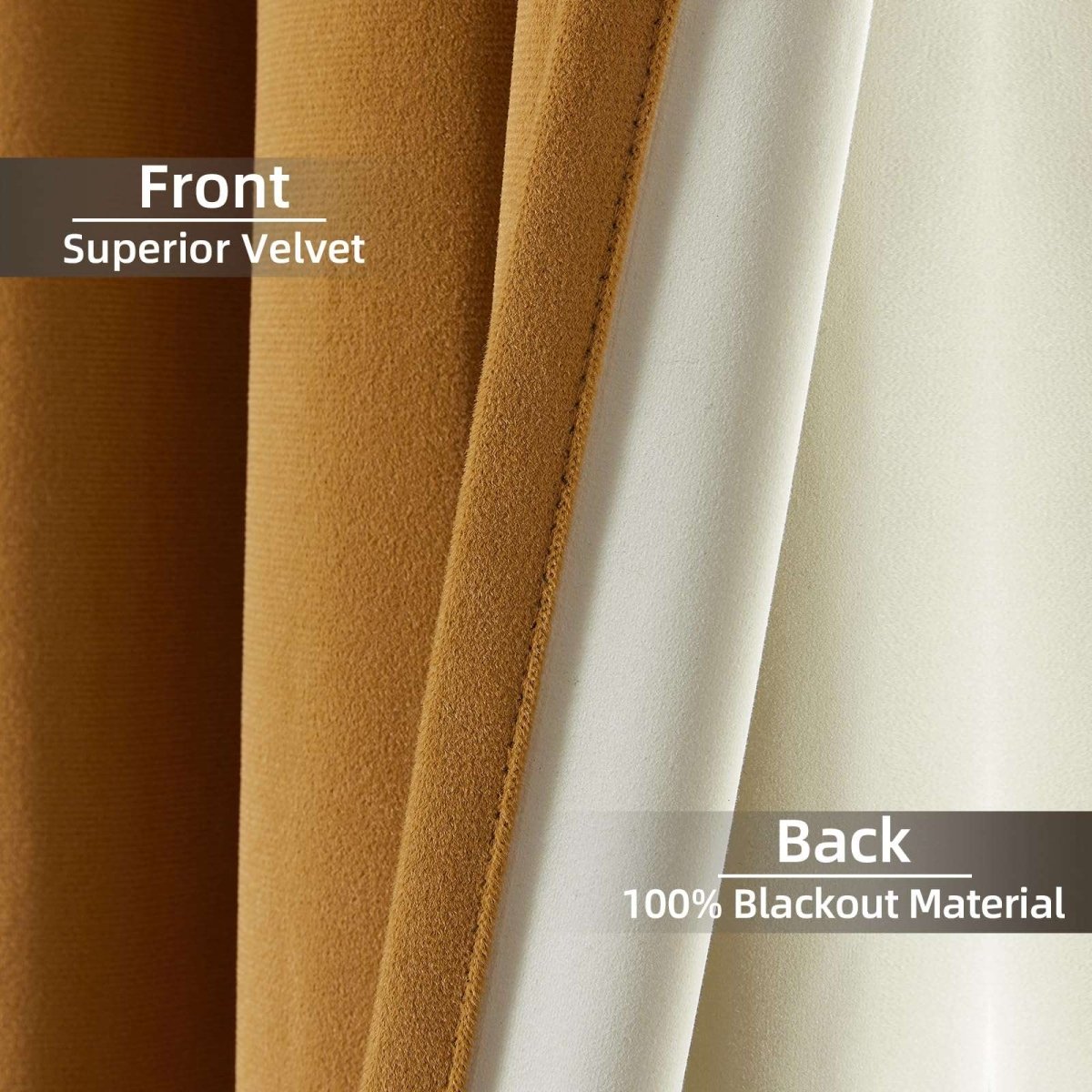 Joydeco mustard yellow velvet curtain, front superior velvet texture and cream 100% blackout thermal insulated backing.