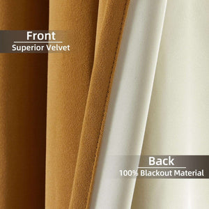 Joydeco 100% Blackout Mustard Yellow Velvet Curtains - 2 Panels , Thermal Insulated, Privacy - Joydeco