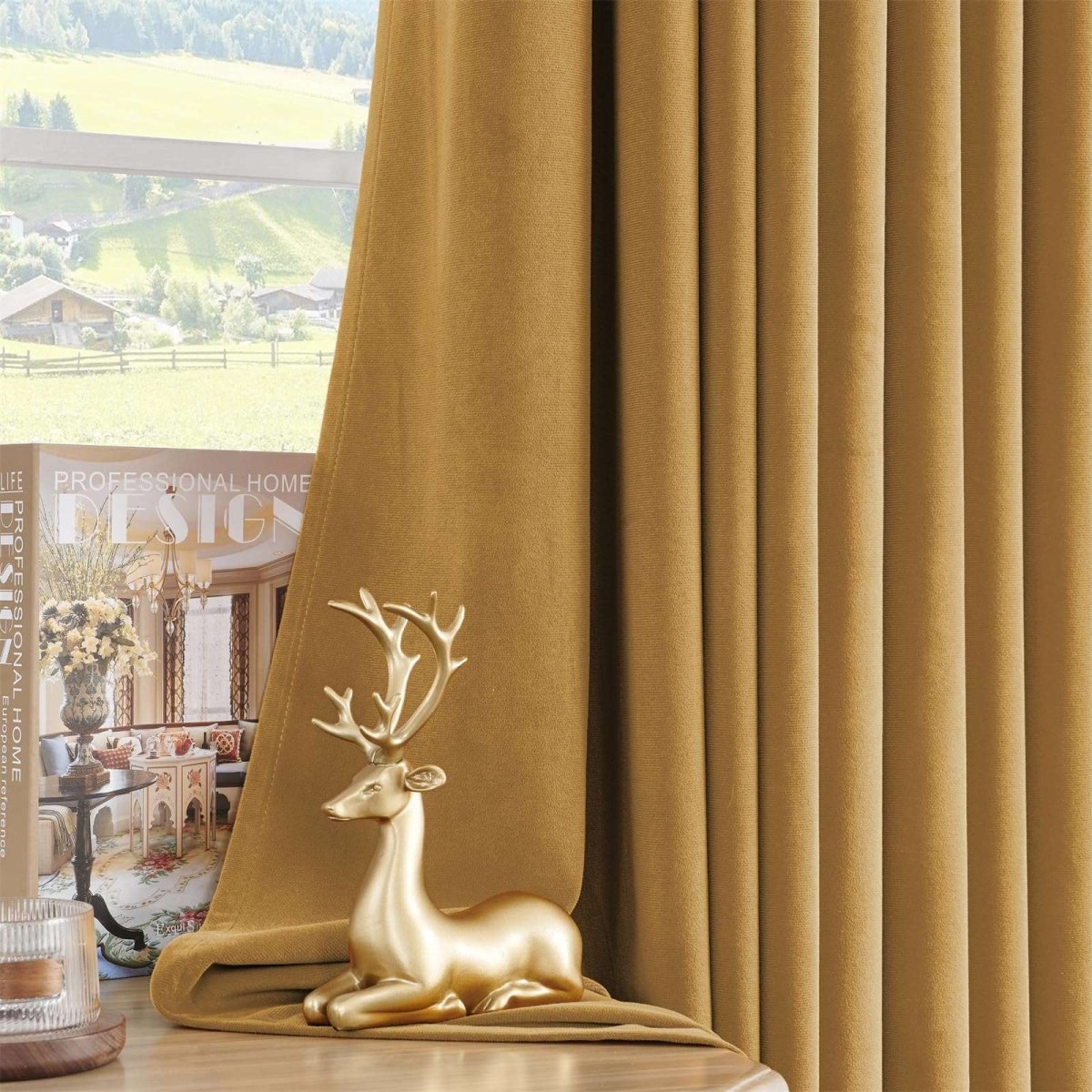 Joydeco 100% Blackout Mustard Yellow Velvet Curtains - 2 Panels , Thermal Insulated, Privacy - Joydeco