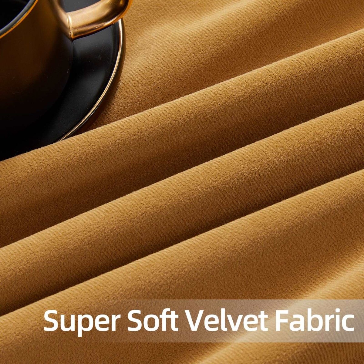 Close-up of soft mustard yellow velvet fabric texture, draped elegantly. Showcases luxurious material quality.