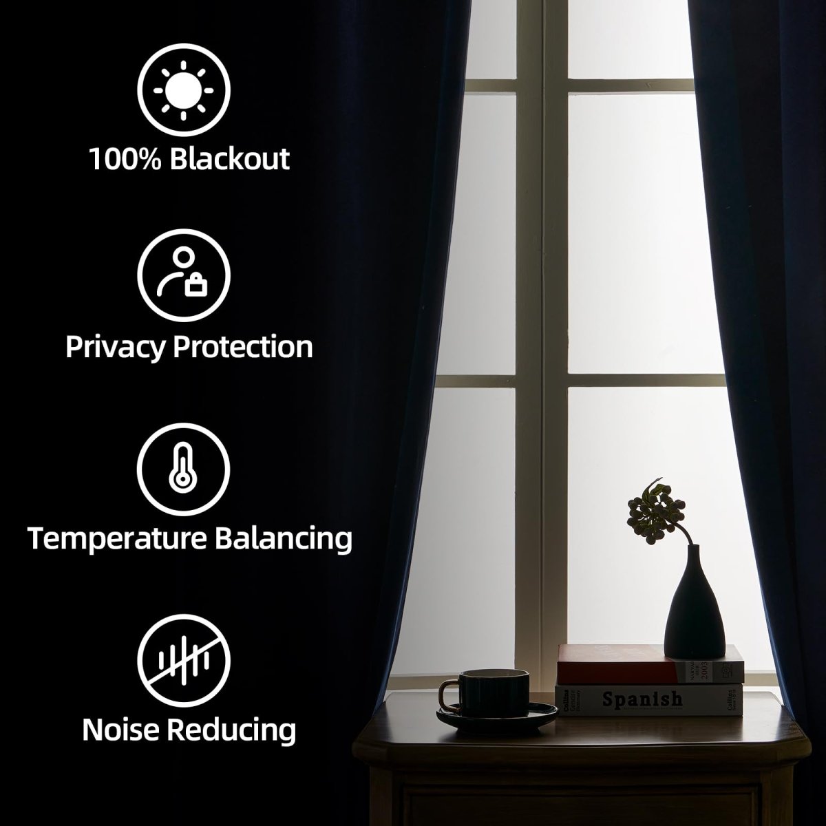 Royal blue velvet blackout curtains highlighting 100% blackout, privacy, temp balancing & noise reducing features.