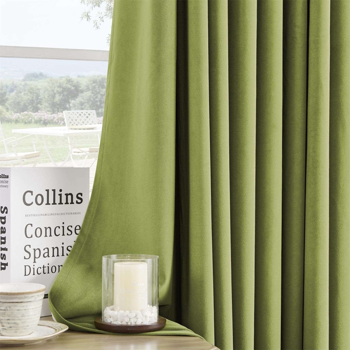 Joydeco olive green velvet blackout curtains, highlighting luxurious texture, thermal insulation, and privacy.