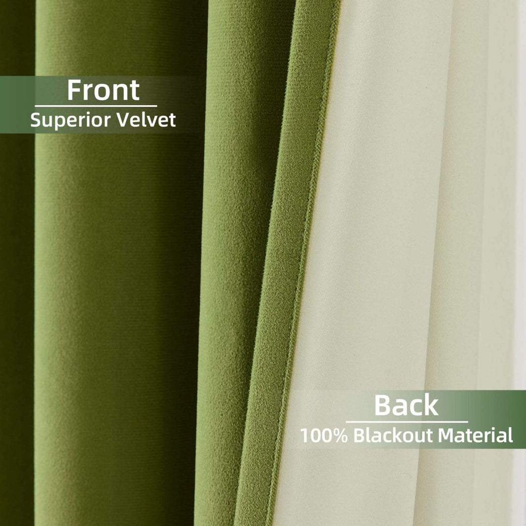 Joydeco olive green velvet curtains show plush front and 100% blackout cream back for superior light blocking and privacy.