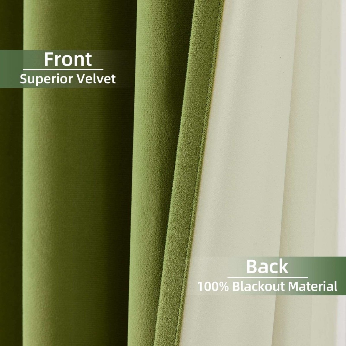 Joydeco olive green velvet curtains show plush front and 100% blackout cream back for superior light blocking and privacy.