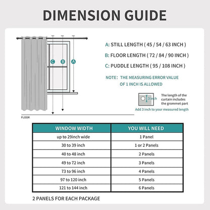 Joydeco curtain dimension guide: window width to panel quantity chart, still, floor, puddle lengths explained.