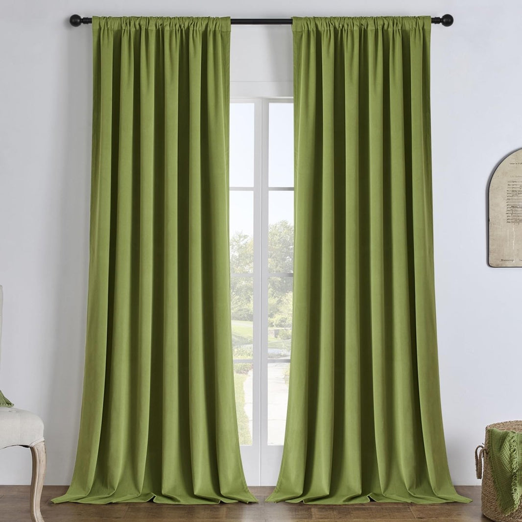 Joydeco olive green velvet blackout curtains, 2 panels, plush texture, thermal insulated, privacy.