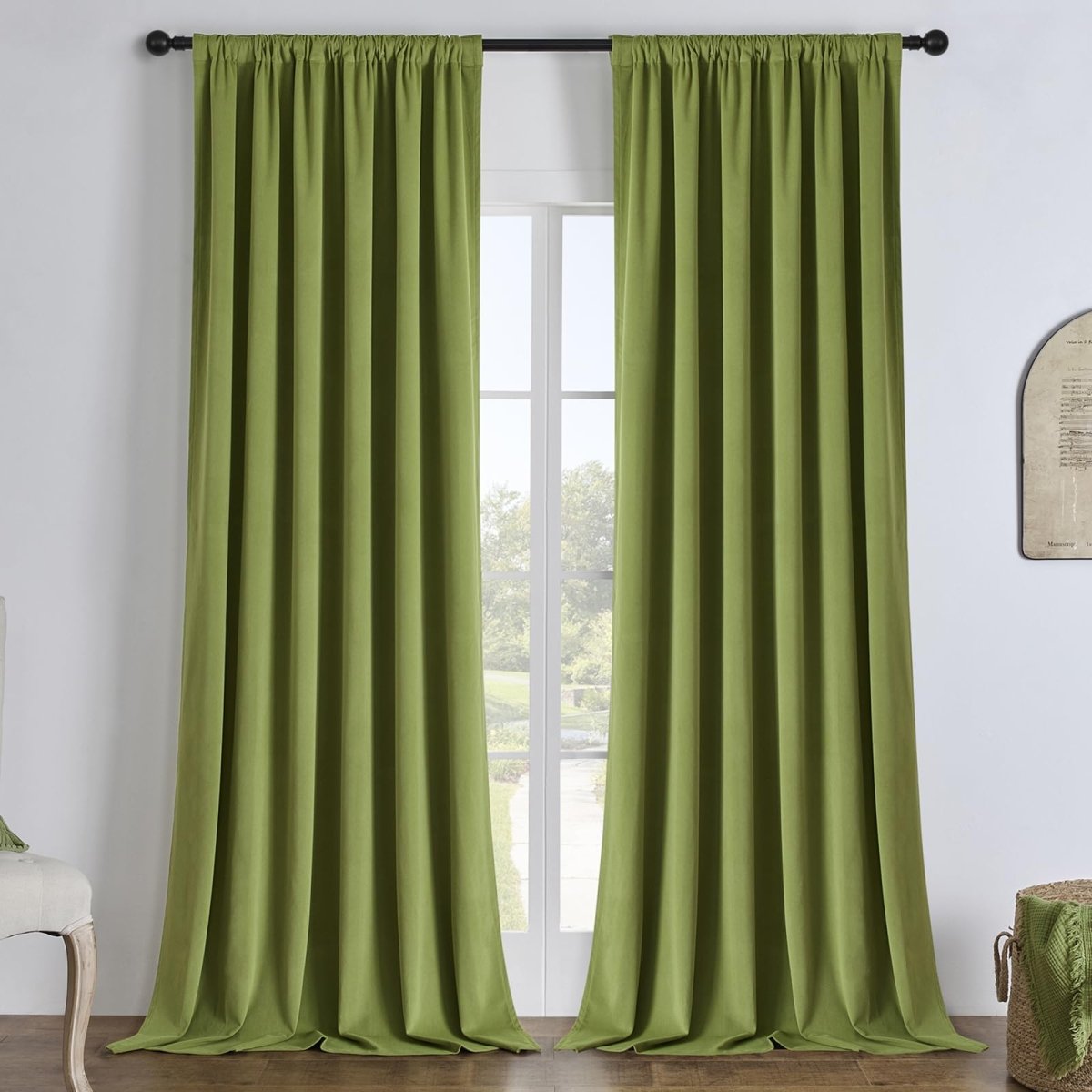 Joydeco olive green velvet blackout curtains, 2 panels, plush texture, thermal insulated, privacy.