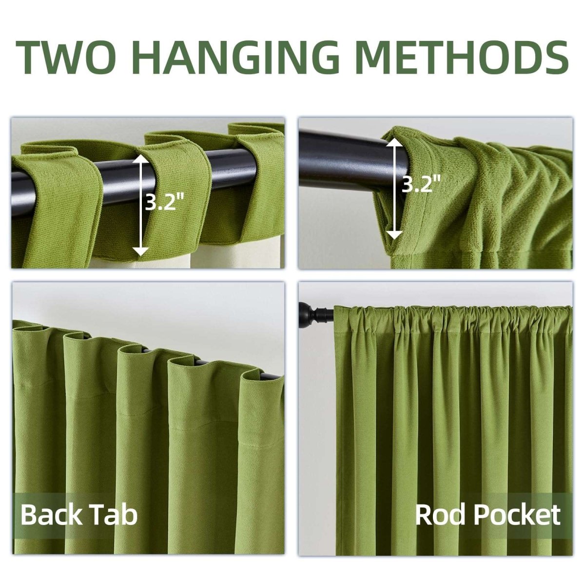Joydeco olive green velvet curtains showing back tab and 3.2-inch rod pocket installation options.