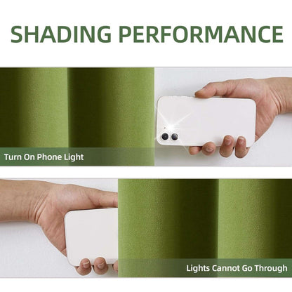 Joydeco olive green velvet curtains: 100% blackout performance test with phone light, no light passes through.