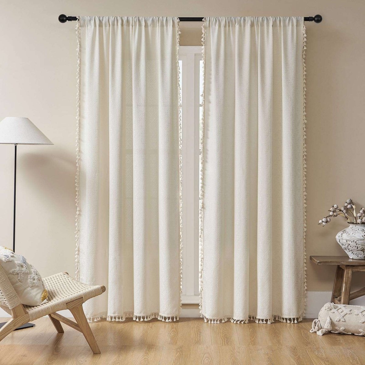 Joydeco Beige Boho Curtains Living Room Curtains Country Rustic Linen Sheer Curtains - Joydeco