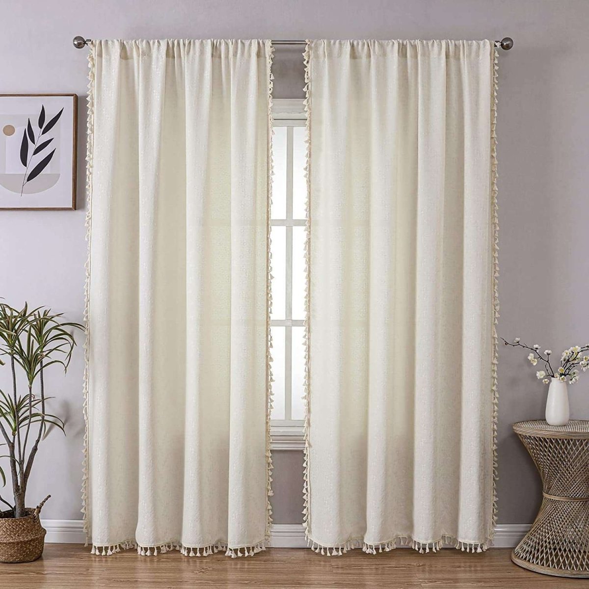 Joydeco Beige Boho Linen Curtains with Tassels & Embroidery - Joydeco