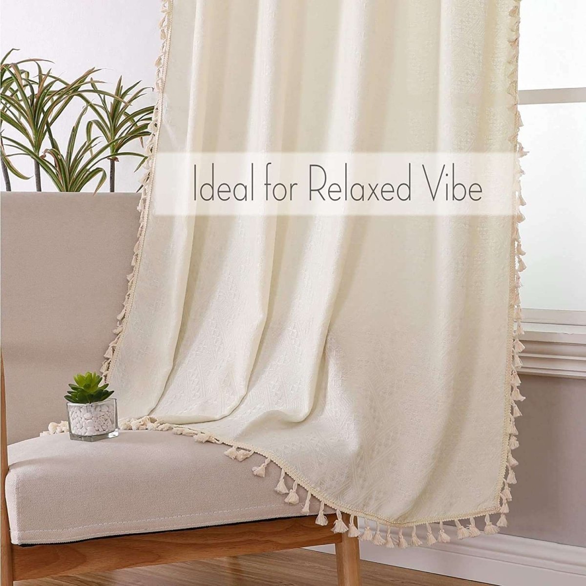 Joydeco beige boho linen curtains with tassels and subtle embroidery, semi-sheer fabric for living room ambiance.