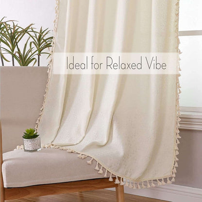 Joydeco beige boho linen curtains with tassels and subtle embroidery, semi-sheer fabric for living room ambiance.