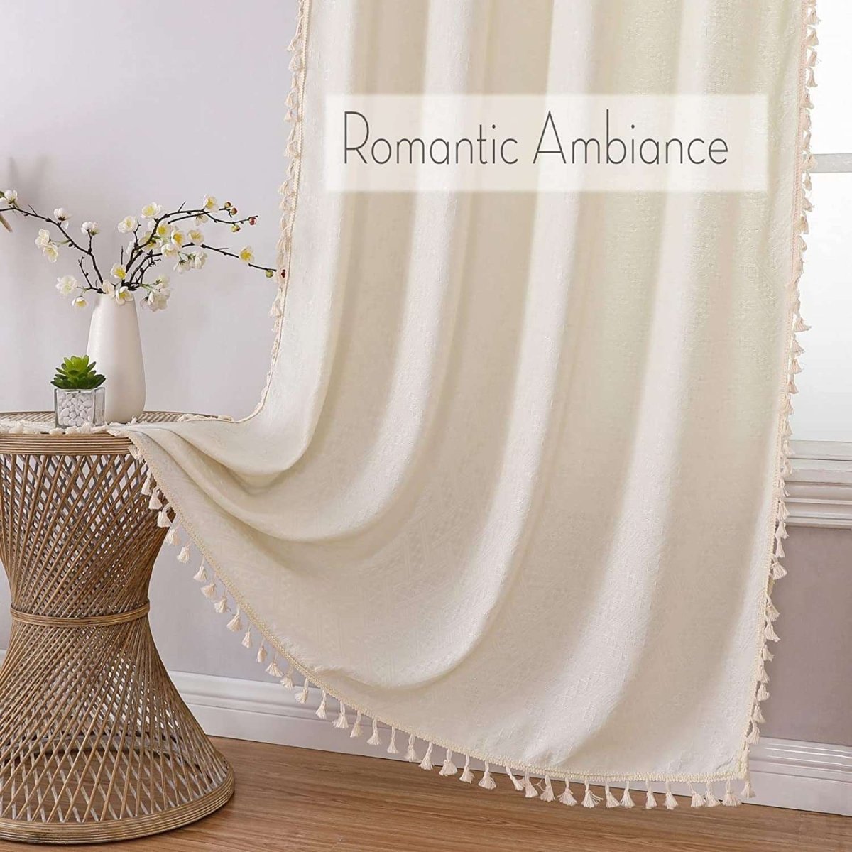 Joydeco beige boho linen curtains with tassels and embroidery, semi-sheer fabric for living room ambiance.