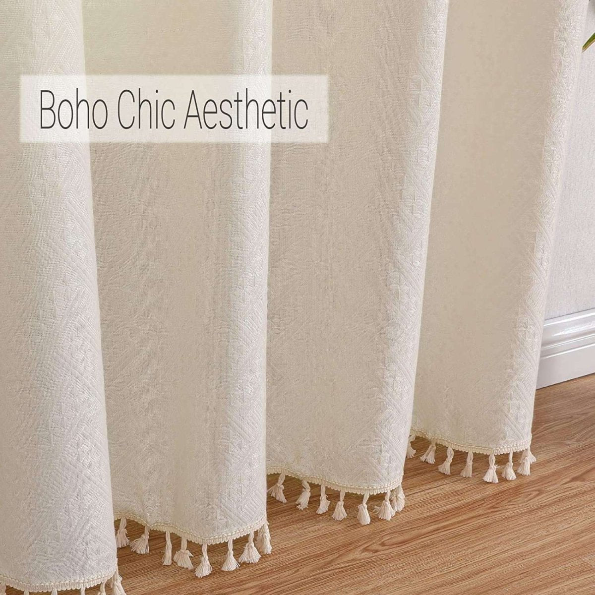 Beige boho sheer linen curtains with diamond pattern and tassels.