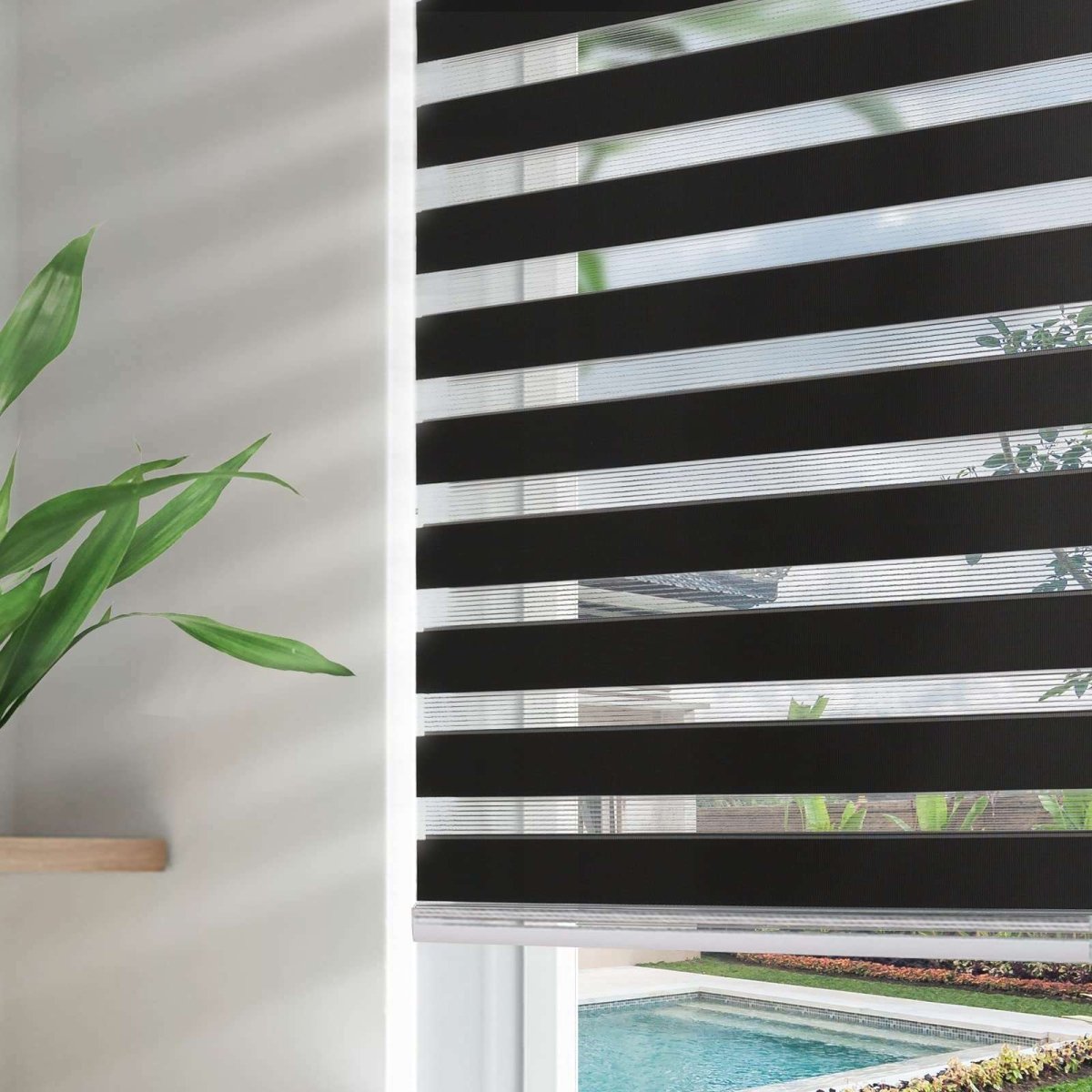 Joydeco Blackout Zebra Shades for Bedroom WindowsBlack Cordless Zebra Sheer Roller Mini Blinds Privacy Light Filtering Dual Layer for Home Office