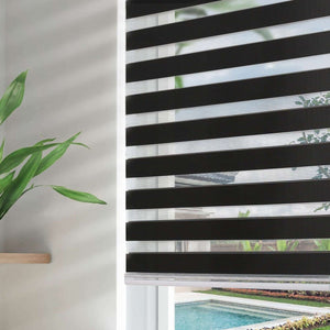 Joydeco Blackout Zebra Shades for Bedroom WindowsBlack Cordless Zebra Sheer Roller Mini Blinds Privacy Light Filtering Dual Layer for Home Office