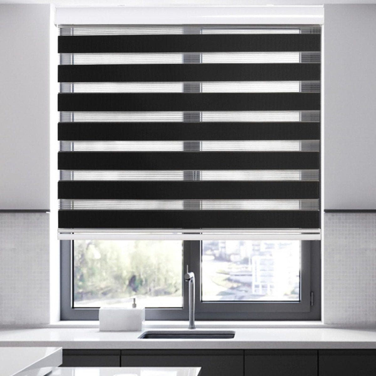 Joydeco Blackout Zebra Shades for Bedroom WindowsBlack Cordless Zebra Sheer Roller Mini Blinds Privacy Light Filtering Dual Layer for Home Office