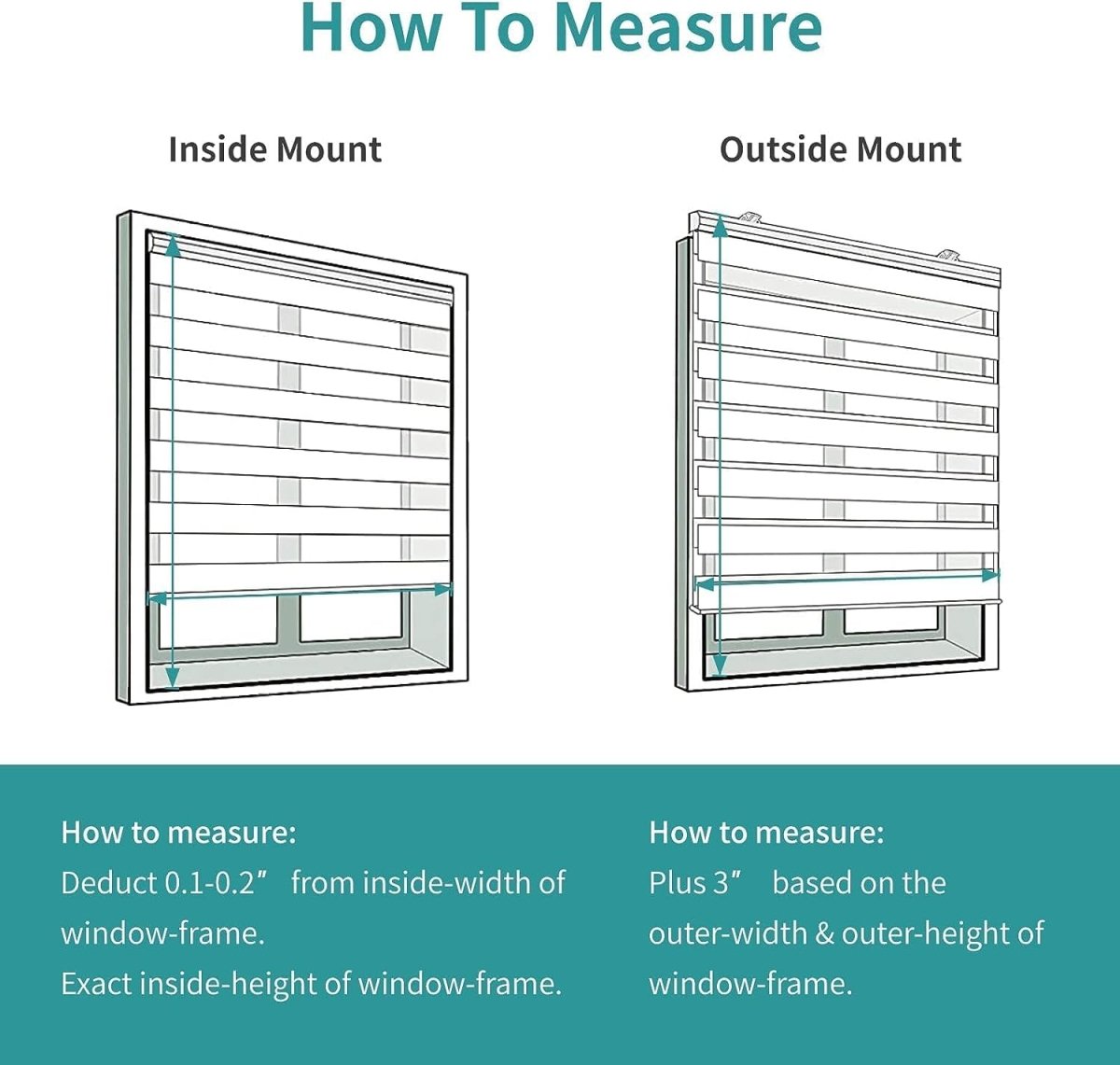 Diagram showing how to measure Joydeco zebra shades for inside and outside window mounts, with measurement instructions.