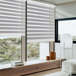 Joydeco Black Out Zebra Shades for Bedroom WindowsGrey Cordless Zebra Sheer Roller Mini Blinds Privacy Light Filtering Dual Layer for Home Office