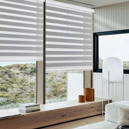 Joydeco grey cordless zebra shades in modern living room window, dual layer light filtering and privacy.