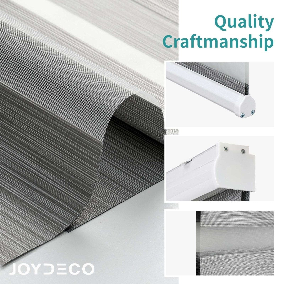 Joydeco grey dual-layer zebra roller shade fabric close-up showing light filtering and privacy stripes with hardware details.