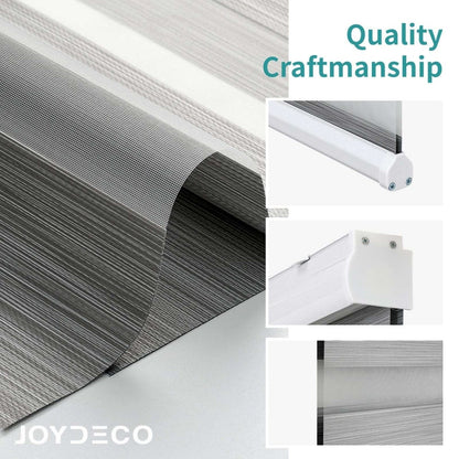 Joydeco grey dual-layer zebra roller shade fabric close-up showing light filtering and privacy stripes with hardware details.