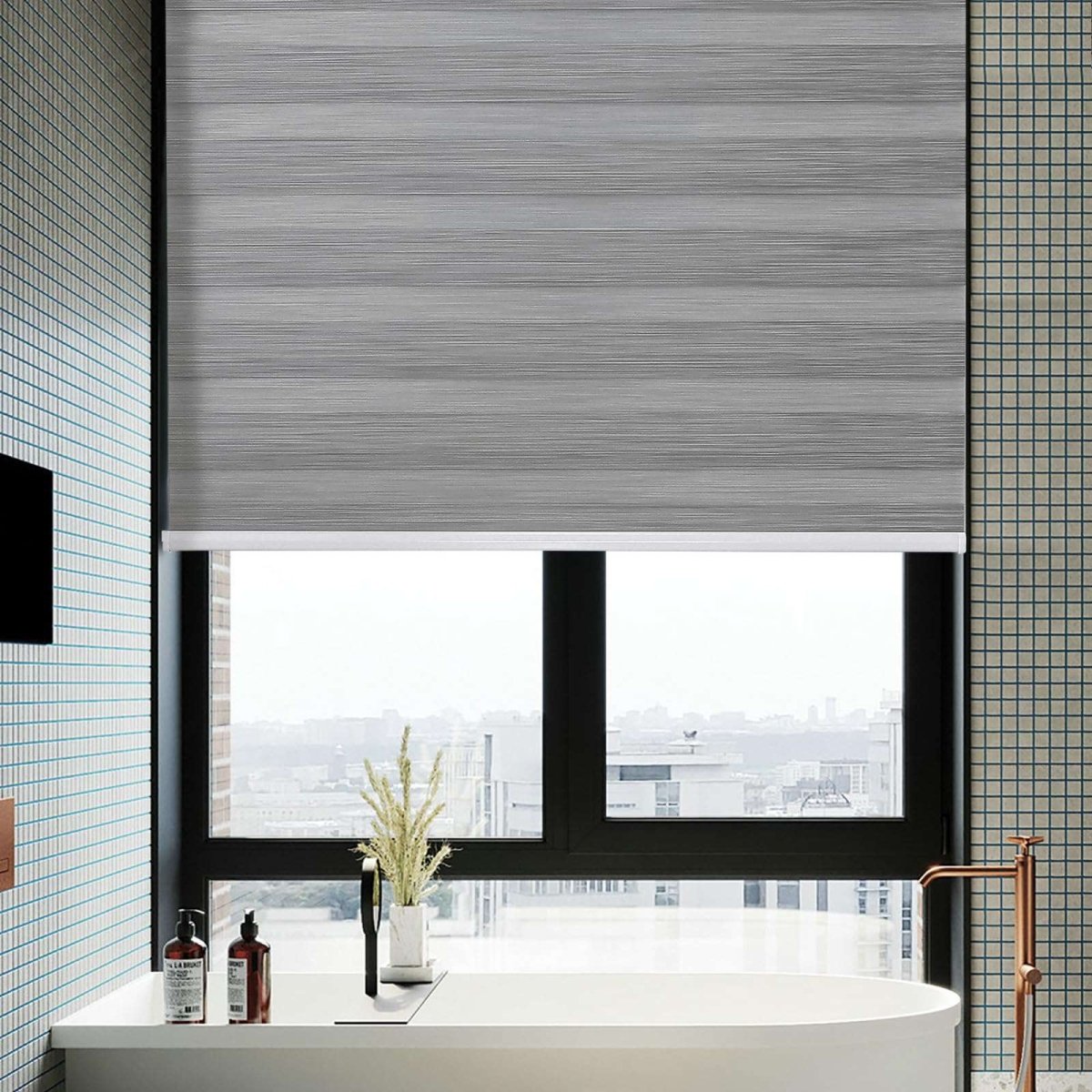 Joydeco Black Out Zebra Shades for Bedroom WindowsGrey Cordless Zebra Sheer Roller Mini Blinds Privacy Light Filtering Dual Layer for Home Office