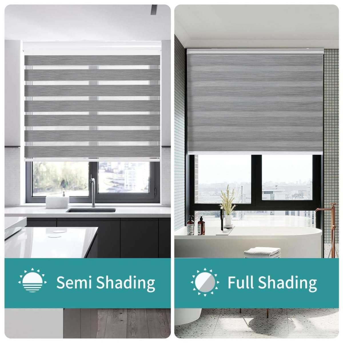 Joydeco grey zebra shades demonstrate light filtering in kitchen and full privacy in bathroom.