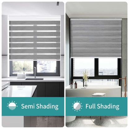 Joydeco grey zebra shades demonstrate light filtering in kitchen and full privacy in bathroom.