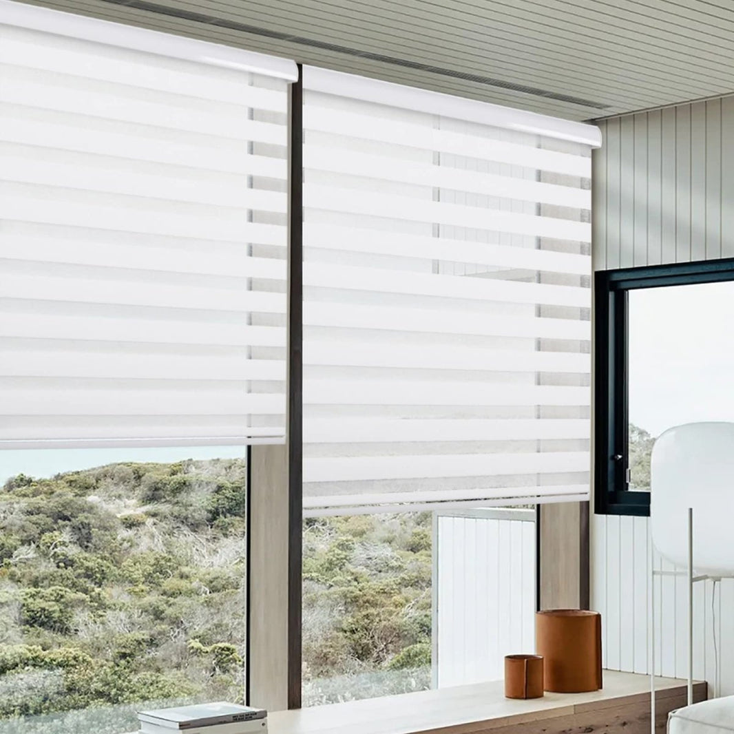 Off-white cordless Joydeco zebra shades dual-layer for windows, providing light filtering and privacy.