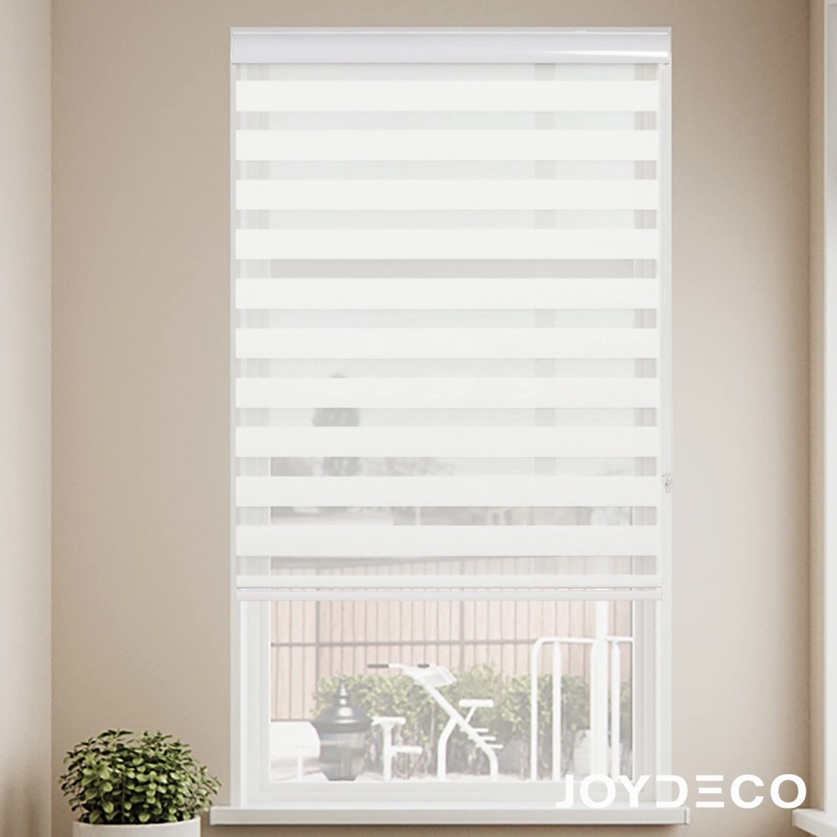 Off-white JOYDECO cordless dual layer zebra roller blinds for light filtering privacy.