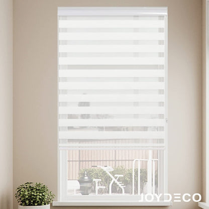 Off-white JOYDECO cordless dual layer zebra roller blinds for light filtering privacy.