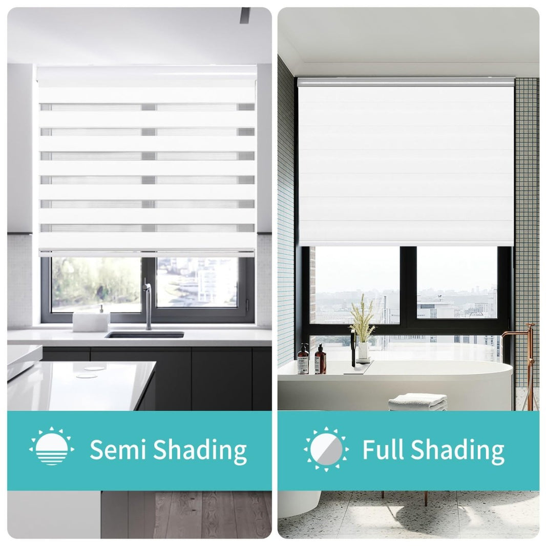 Joydeco white cordless zebra shades: semi-shading light filter, full shading privacy control.