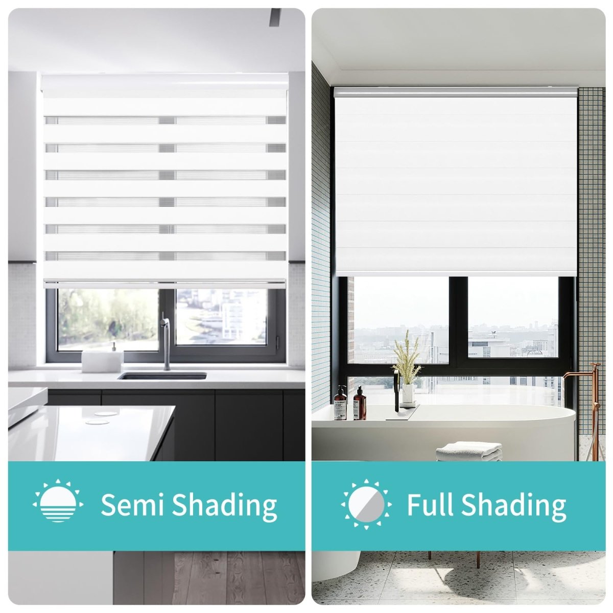 Joydeco cordless dual-layer zebra roller shades in off-white, showing semi and full shading.