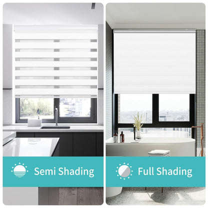 Joydeco cordless dual-layer zebra roller shades in off-white, showing semi and full shading.