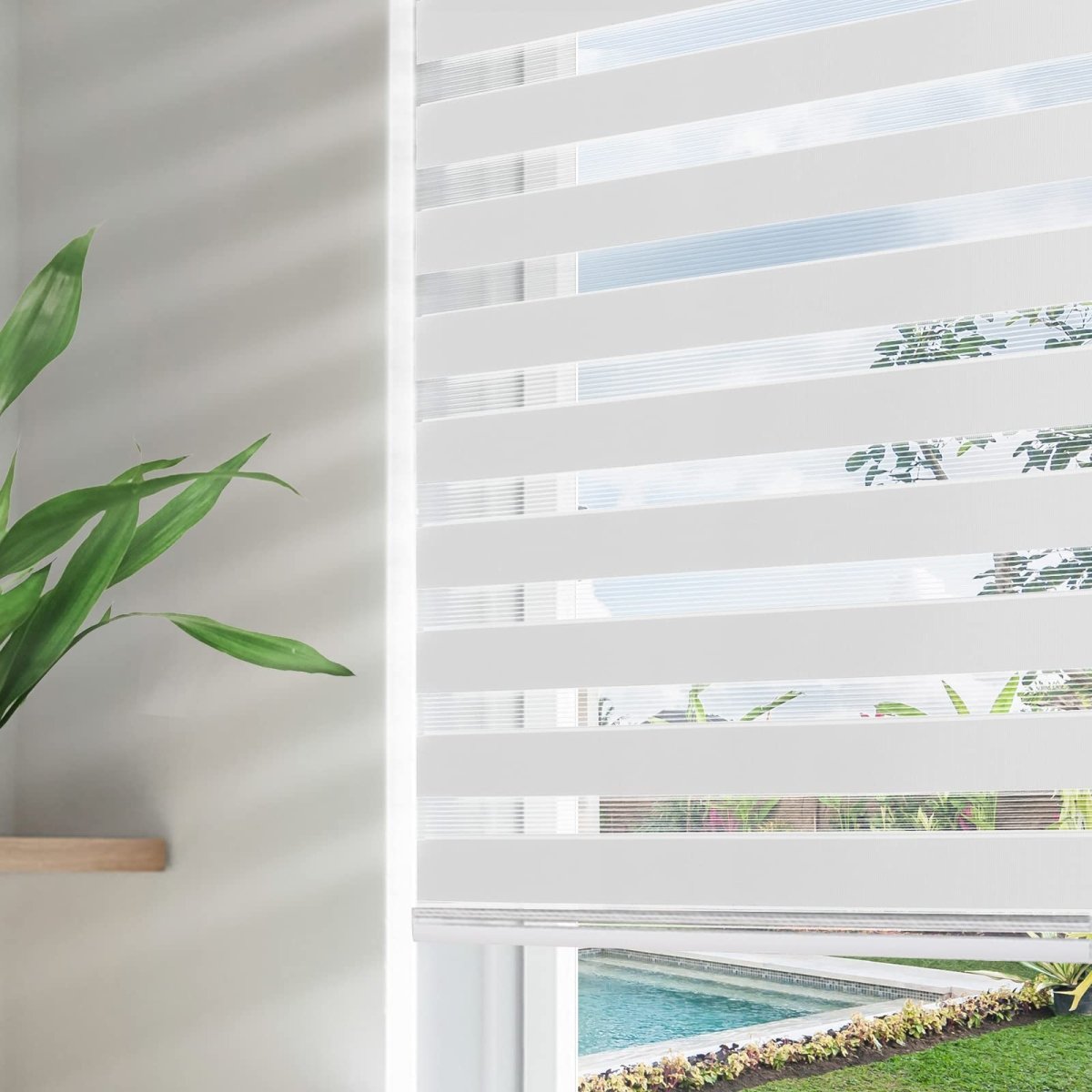 Joydeco off-white cordless dual layer zebra blinds for light filtering & privacy.