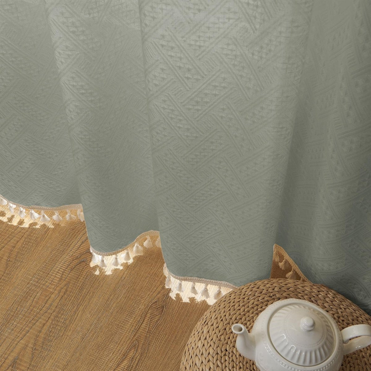 Joydeco Boho Grayish Linen Sheer Curtains - 2 Panel, Light Filtering, Farmhouse Style, Country Rustic Charm - Joydeco