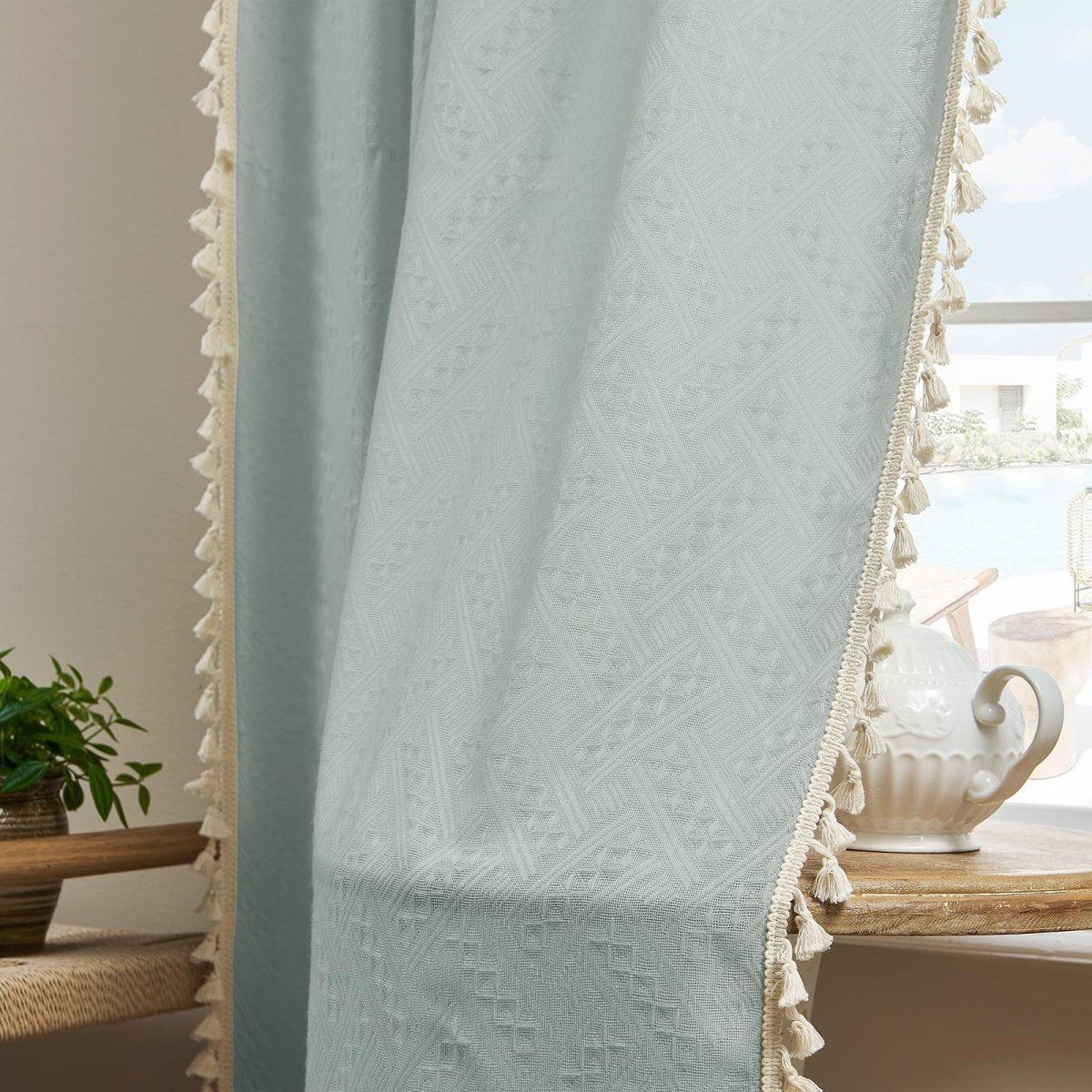 Joydeco Ice Blue Boho Linen Sheer Curtains with cream tassels, light filtering, farmhouse style.