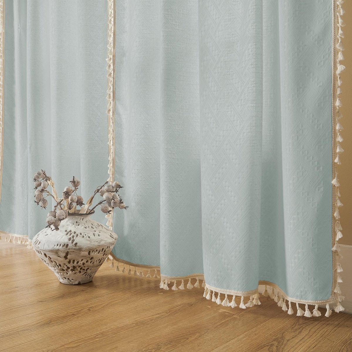 Joydeco Boho Ice Blue Linen Sheer Curtains - 2 Panel, Light Filtering, Farmhouse Style, Country Rustic Charm - Joydeco