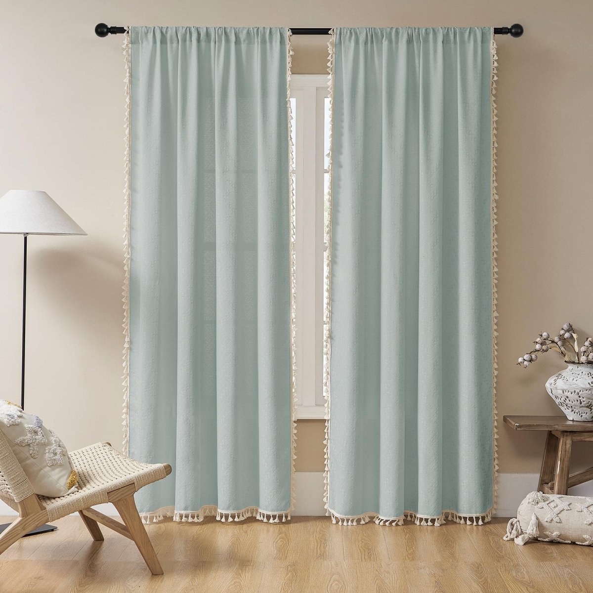 Joydeco Boho Ice Blue Linen Sheer Curtains - 2 Panel, Light Filtering, Farmhouse Style, Country Rustic Charm - Joydeco