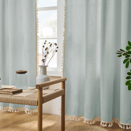 Joydeco light blue linen boho curtains with cream tassels, light filtering for farmhouse style room.